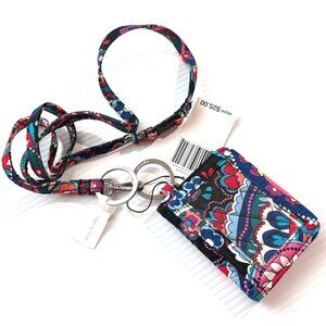 Vera Bradley Zip ID Wallet + Lanyard set Haymarket Paisley black Floral Print
